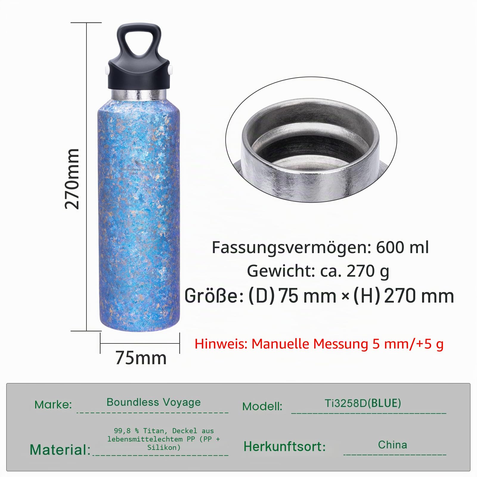 Boundless Voyage Titan Trinkflasche Vakuum Isolierte Thermosflasche 600ml Spülmaschinenfest Wiederverwendbare und auslaufsichere Wasserflasche für Schule, Büro, Sport, Reisen Ti3258d (blau)