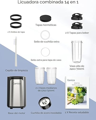 Miniatura 7 de Ganiza Licuadora para batidos, 14 licuadoras personales para batidos y batidos para cocina con 3 tazas portátiles (1 x 24 onzas y 2 x 17 onzas),