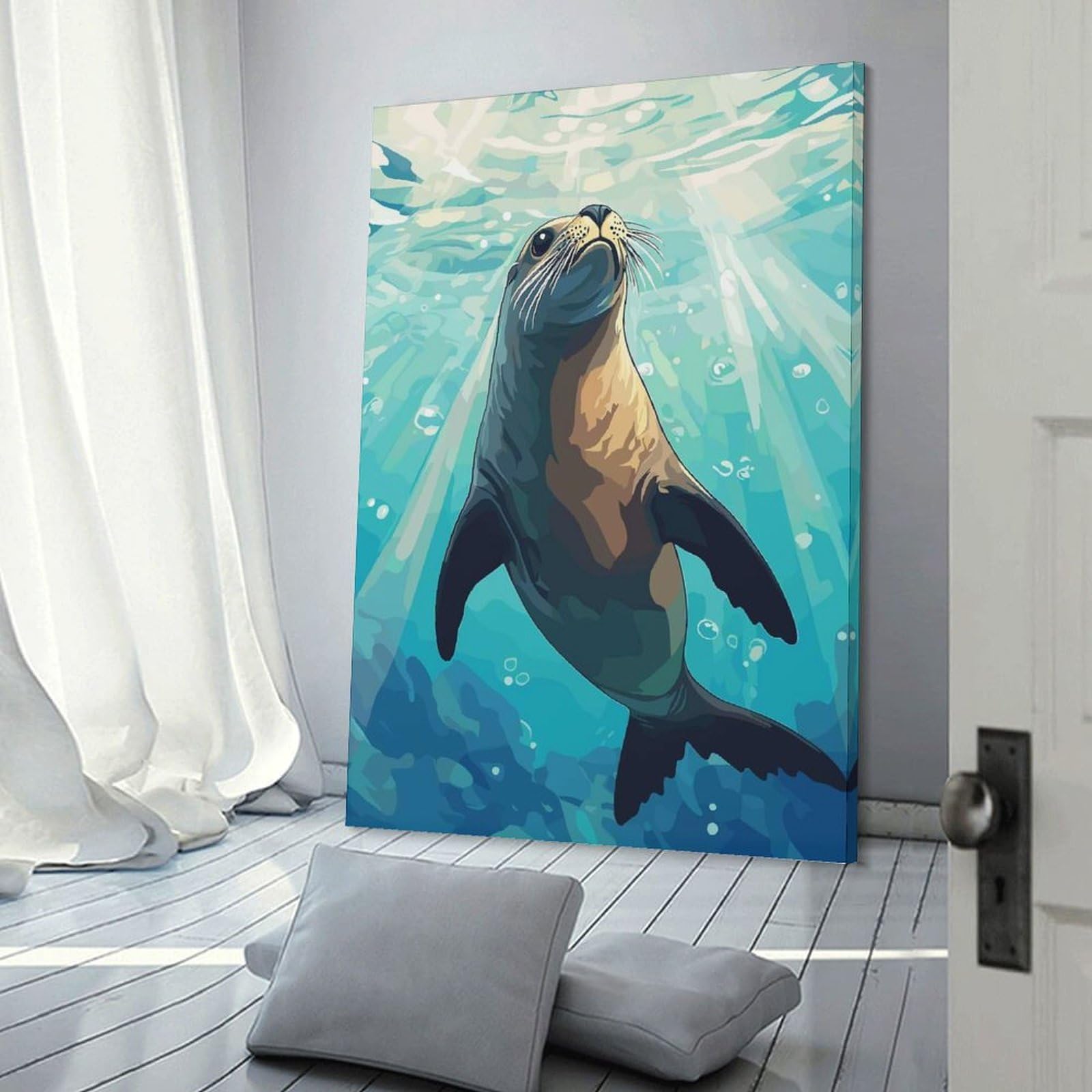 Junmoney Canvas Wall Picture Sea Lion Underwater, 24x36inch(60x90cm), for Study, Office Or Focused Interiors, Wall Art That Adds Style to Work Areas