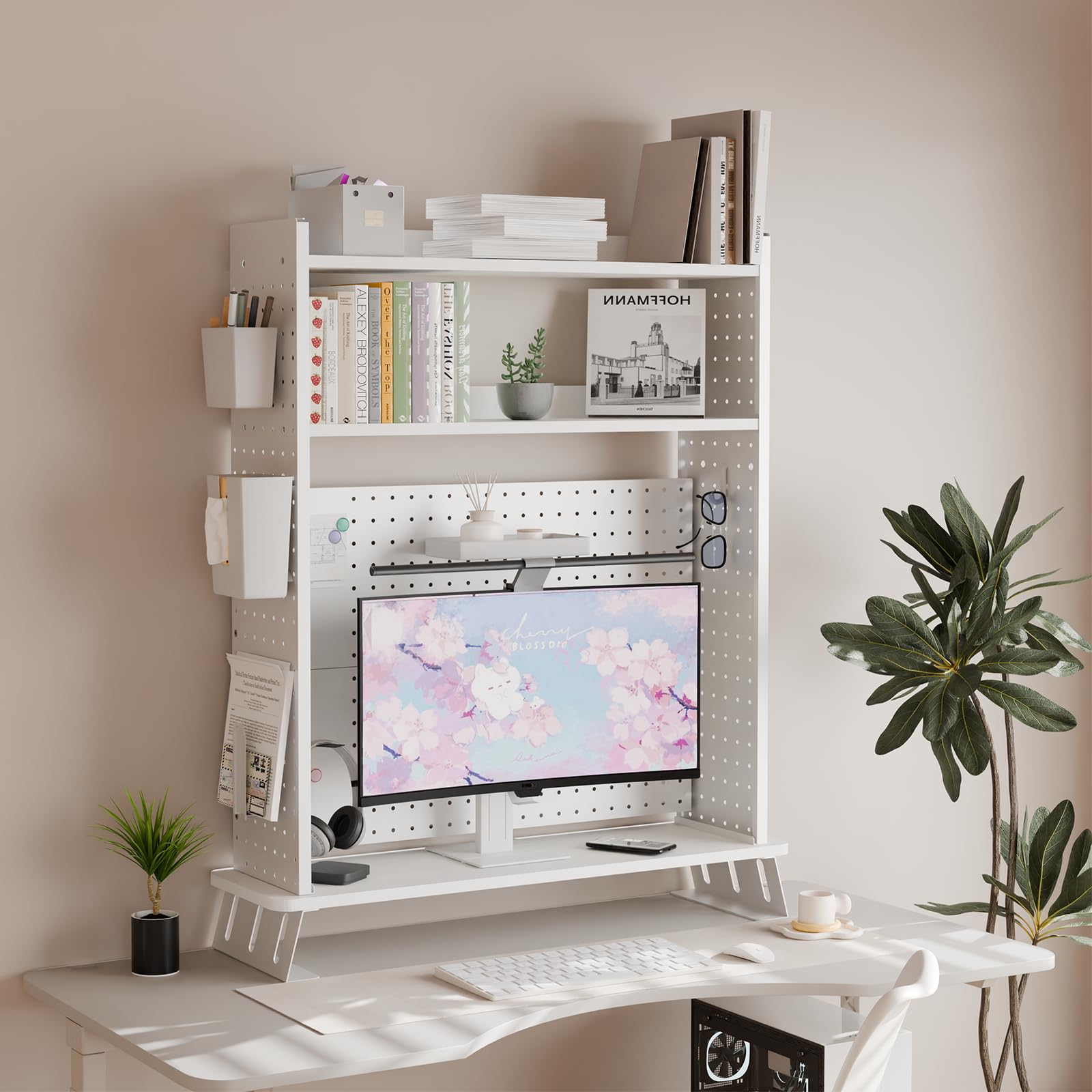Scaffale da scrivania a 2 livelli con supporto per monitor, bianco, 80 cm, organizer da scrivania con disco rigido