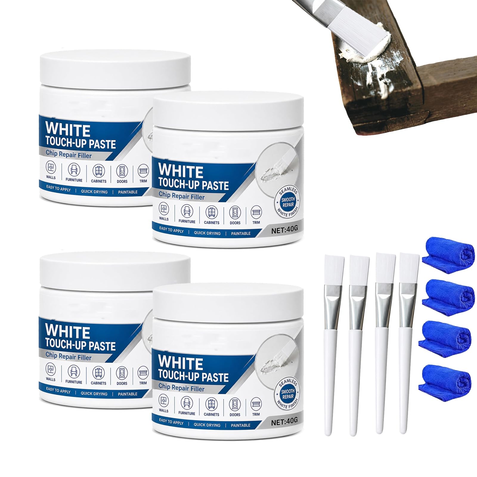 White Furniture Touch-Up Paste with Brush, 1.41 Oz Professional Wood Filler & Wall Repair Cream, Portable Floor Scratch Repairs Paste, Create a Seamless Effect, For Furnitures and Flooring (4PCS)