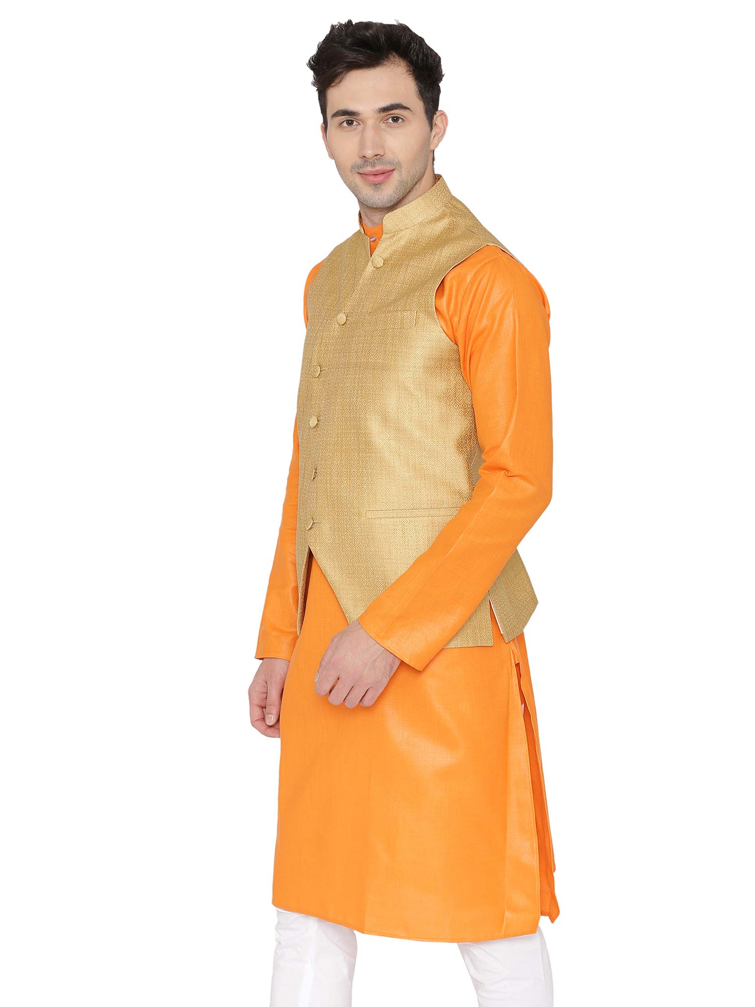 WINTAGE Men's Banarasi Rayon Cotton Casual and Festive Nehru Jacket Vest Waistcoat : Gold 1