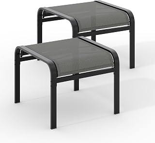 Outdoor Ottoman Set of 2, Outdoor Foot Stool with Textliene Fabric, Metal Frame, Stackable Oversized Foot Rest for Patio Garden Pool, Grey