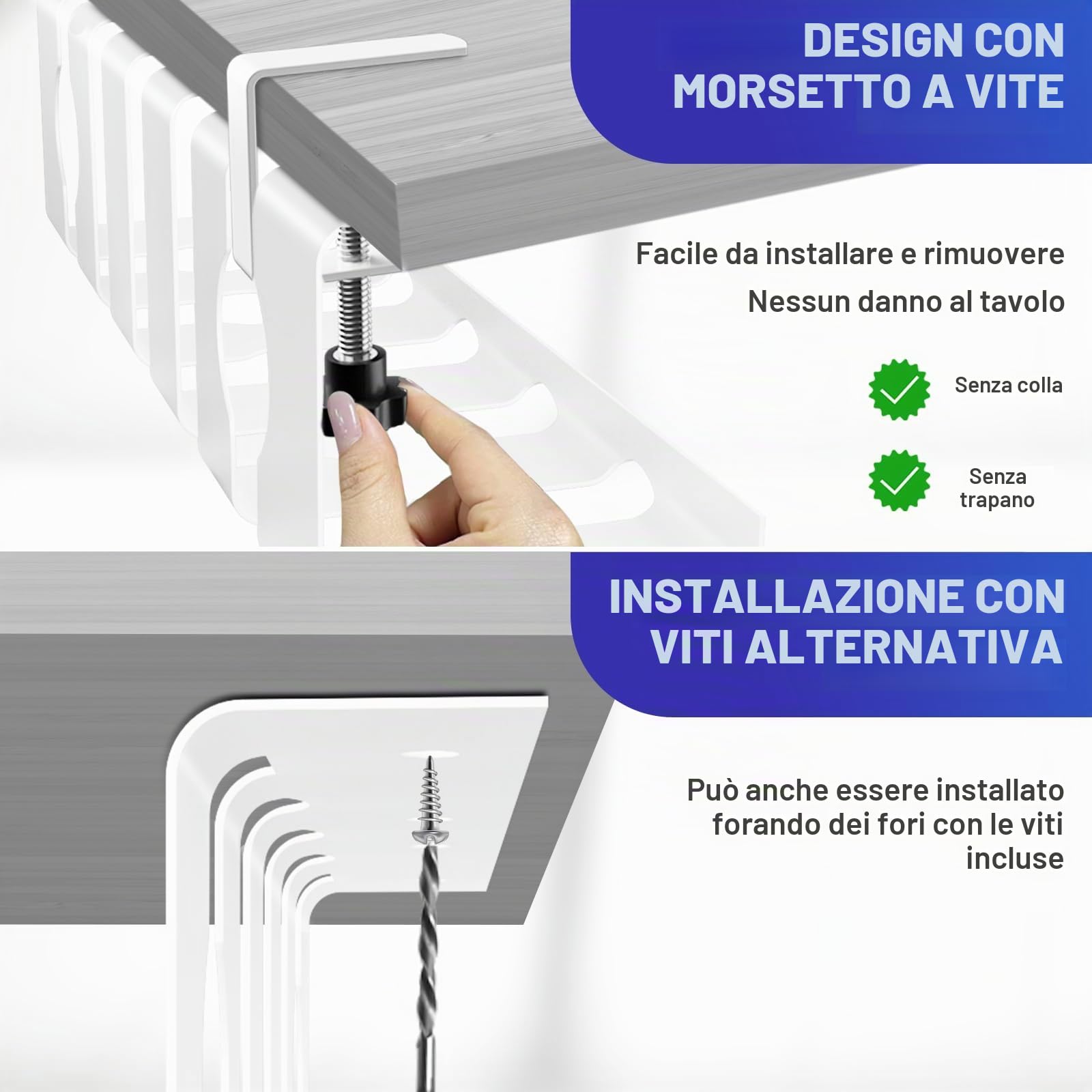 Lannvan Set da 2 Canalina Passacavi - Nascondi Cavi per la Gestione di Cavi e Prese - 43cm Portacavi Sotto Scrivania - No Fori da Trapano - Bianco