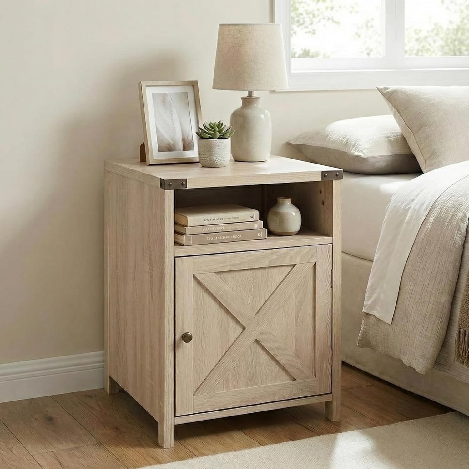 Rainbow Sophia Nightstand, Farmhouse Bedside Table with Cabinet and Shelves, 18 x 18 x 24 Inches, Washed Oak