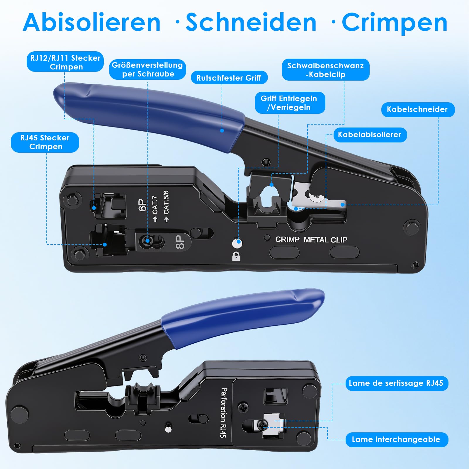 Netzwerk Werkzeug Set, Pass Through RJ45 Crimpzange, Multifunktions LAN Werkzeug Set mit Cat7 Cat6 Cat5 Kompatibilität, RJ45 Stecker, LSA Auflegewerkzeug & Netzwerktester für RJ45 RJ11 RJ12 Kabel