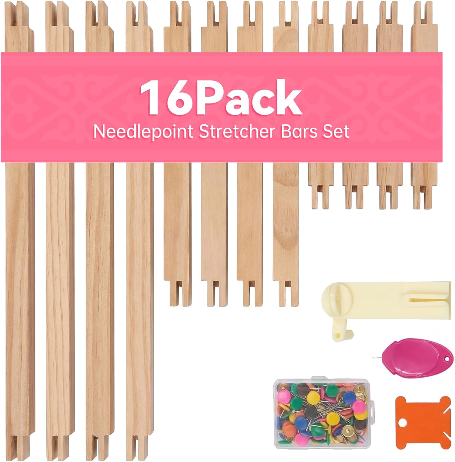 16Pack Wooden Needlepoint Stretcher Bars Set, Stretcher Bars for Needlework, Canvas Frame Kit, Canvas Stretcher Bars for Craft Art Needlepoint Supplies, 3 Sizes(6/8/12 Inch)