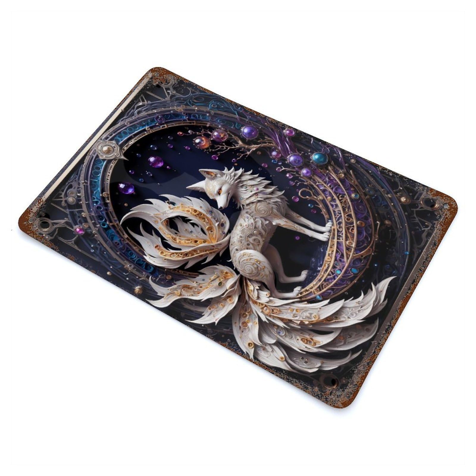Fantasy Nine Tailed Fox 11.8"x7.9" Rust Effect Tin Sign, Industrial Home Decor for Living Room, Hallway And Home Decor