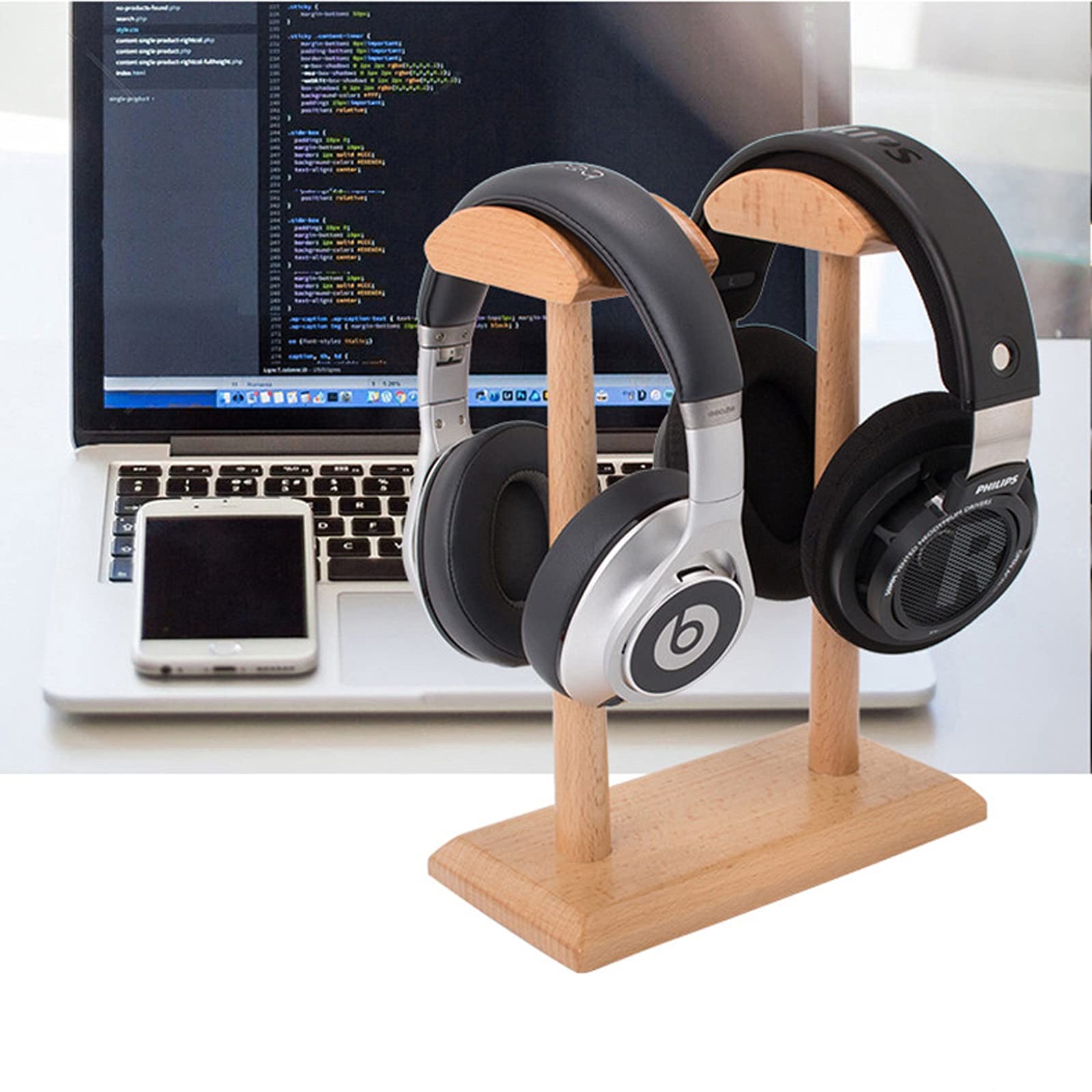 Soporte Auriculares/Soporte Cascos Auriculares de doble madera Soporte de soporte for auriculares creativos Estante de visualización compatible con auriculares de juego y auriculares inalámbricos Sopo