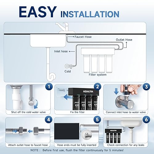 Miniatura 5 de AQUALTRA USF-4B-10 Filtro de agua debajo del fregadero, sistema de filtración de agua debajo del fregadero de 65000 galones, filtro de fibra de