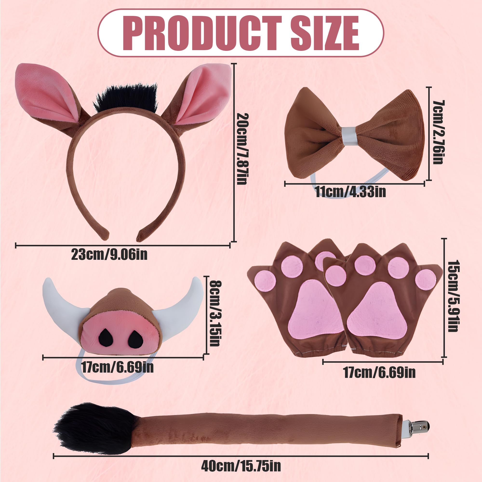Jyeennar 5pcs Brown Warthog Costume Set,Plush Warthog Ear Headband Nose Bowtie and Tail Props for Women Men Cosplay Animals Halloween Party Costume Accessories - Image 2