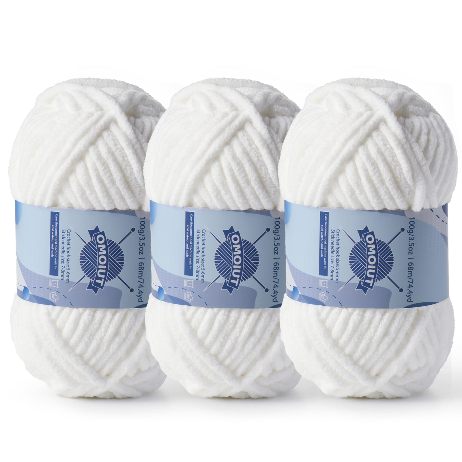 3 Pack Chunky Chenille Yarn for Crocheting, Baby Yarn for Crocheting Soft Blankets, Bulky Yarns for Crochet Amigurumi, 300g (223yds) Fluffy Velvet Yarns for Hand Knitting (3 White)
