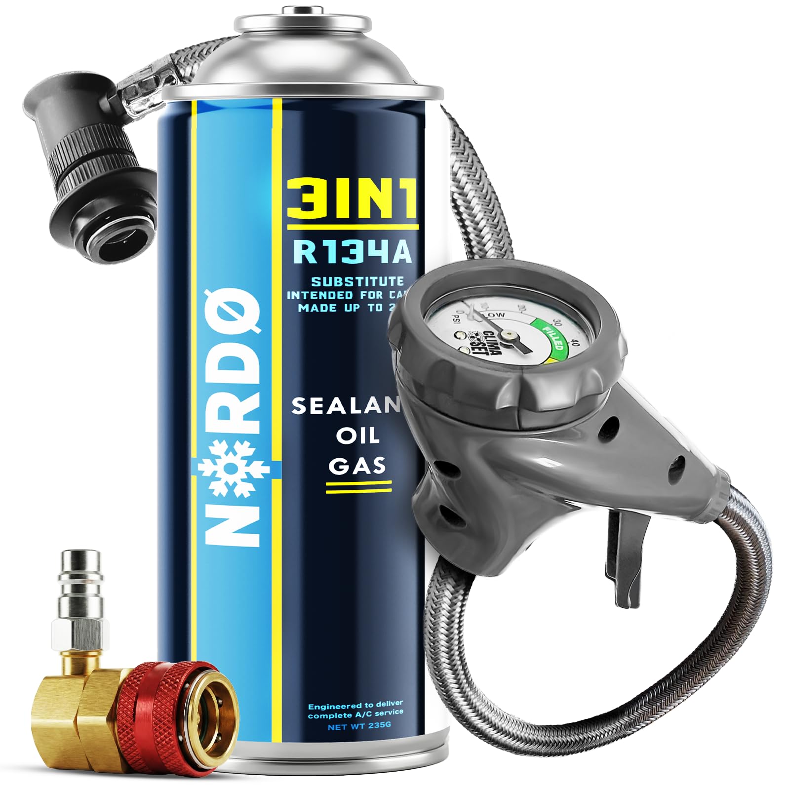 Nordo - 3in1 R134a Fluido refrigerante gas di ricarica – per climatizzatori auto – Bombola di gas 1x235 g – Camper – Tubo e adattatore HP/LP – Manometro climatizzatore – ECO