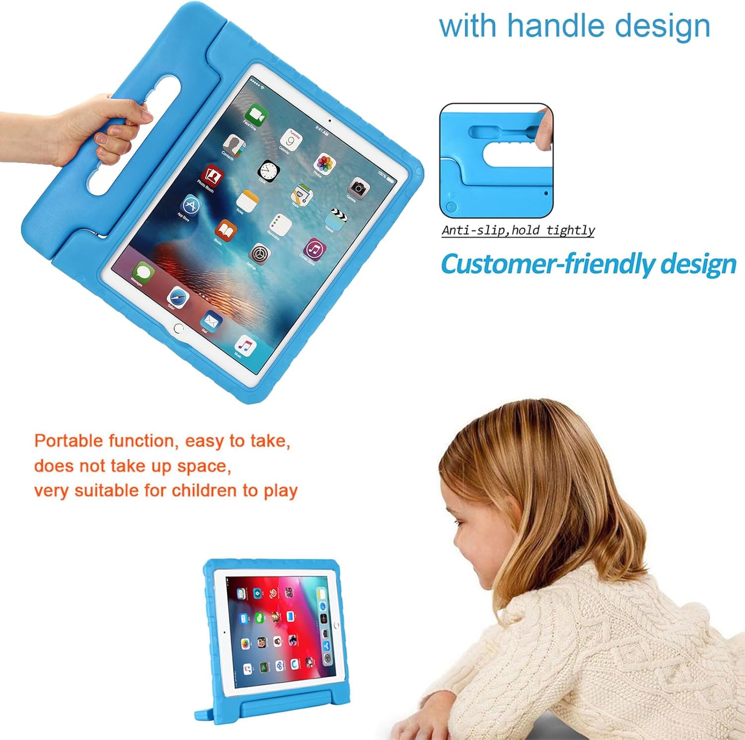 Kids Case for Apple iPad Pro 12.9 inch 2017/2015 Release (2nd/1st Generation) with Pencil Holder & Rotating Kickstand & Swivel Handle Soft EVA Foam Shockproof Rugged Folio Stand Cover, Blue