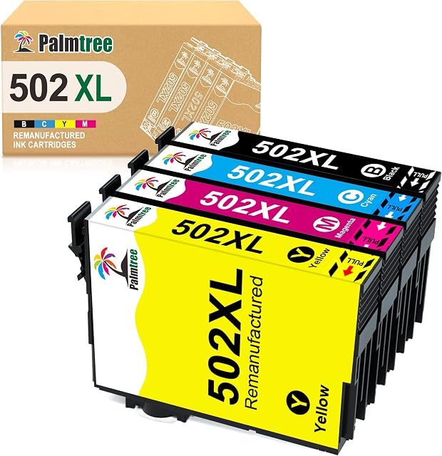 Palmtree Remanufactured Ink Cartridges for Epson 502XL 502 Replacement for Epson Expression Home XP-5105 XP-5100 XP-5155 XP-5150, Workforce WF-2865DWF WF-2860DWF WF-2880DWF WF2885DWF(4 PACKS)