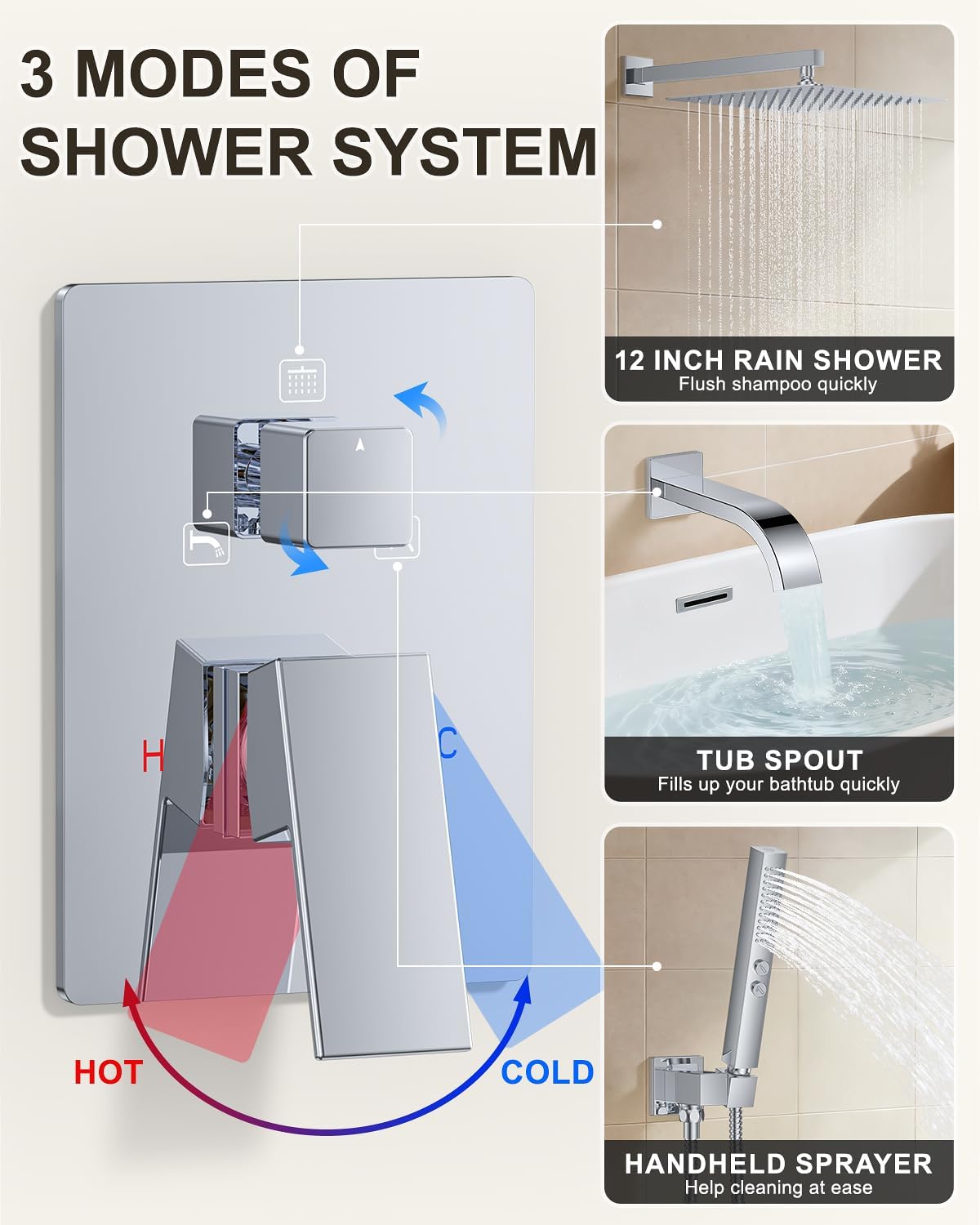 Chrome Shower System with Tub Spout, Wall Mounted Bathtub Shower Faucet Set, 12" Rainfall Shower Head and Handheld Shower Combo, High Pressure Shower Fixtures Set with Rough-in Valve