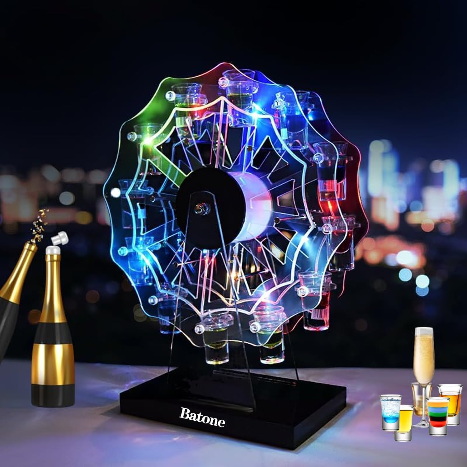 テキーラ観覧車｜LED 観覧車 ワインラック 酒グラススタンド 充電式｜新品 Amazon｜テキーラ観覧車ルの表示棚 観覧車 ワインラック 酒グラス