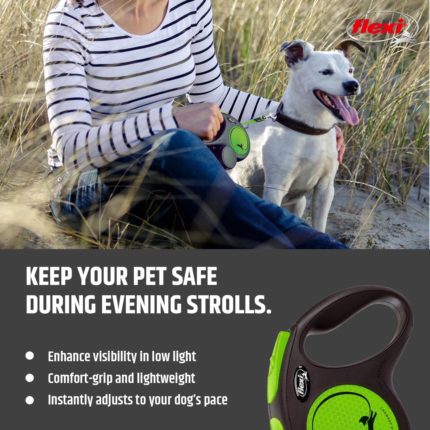 Flexi New Neon Tape Dog Leash, Retractable Dog Lead with One-Hand Brake System, Anti-Slip Grip Handle, Durable Tape Design for Small, Medium and Large Dogs, Green, Medium 2