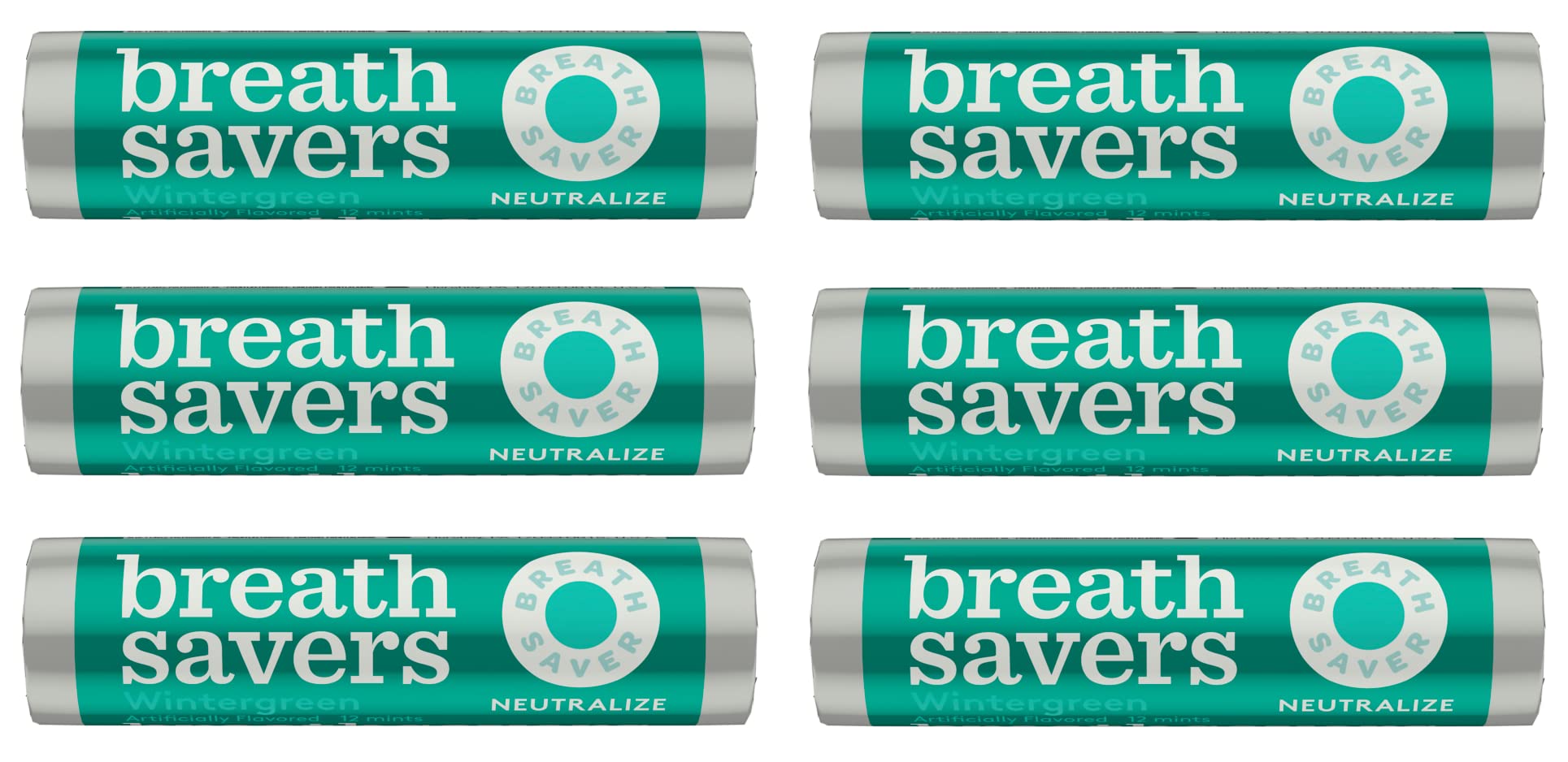 BREATH SAVERS Breath Mints, Sugar Free, Artificially Flavored - 12 Mints in a Roll - .75-Ounce Rolls - Peppermint - Spearmint - Wintergreen - Great For Parties, Holidays, Gifts & More! (Wintergreen, 6 Count)