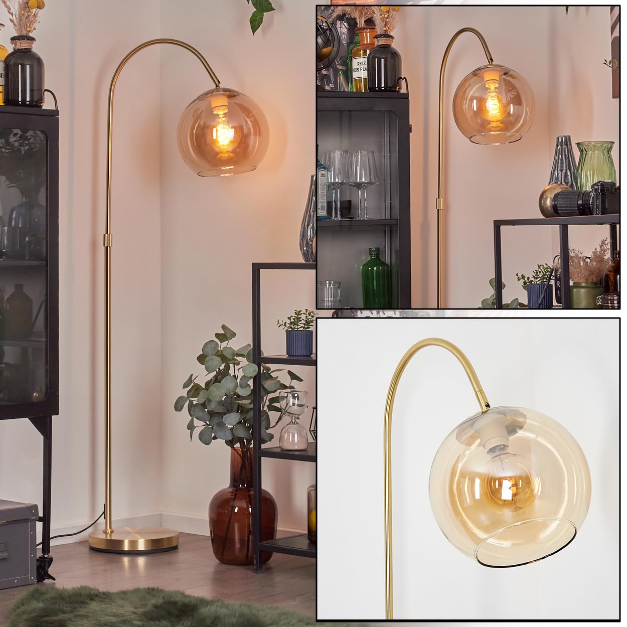 Stehleuchte Koyoto, Stehlampe aus Metall/Glas in Messing/Bernstein, Leuchte im Retro/Vintage/Industrial-Design mit Schirm aus Glas (Ø 25 cm) u. Fußschalter, Höhe 140 cm, 1 x E27, ohne Leuchtmittel