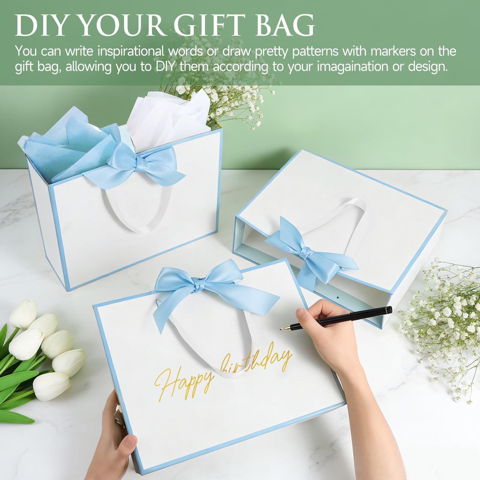 Ethhqu 3 Pack Elegant Large Gift Bags with Handles, 12.6x10x4 Inch - Set Includes Tissue Paper & Cards for Birthday, Baby Shower, Wedding, Anniversary, Mothers Day & Holiday Gifts (3Pcs White with Blue Rim)