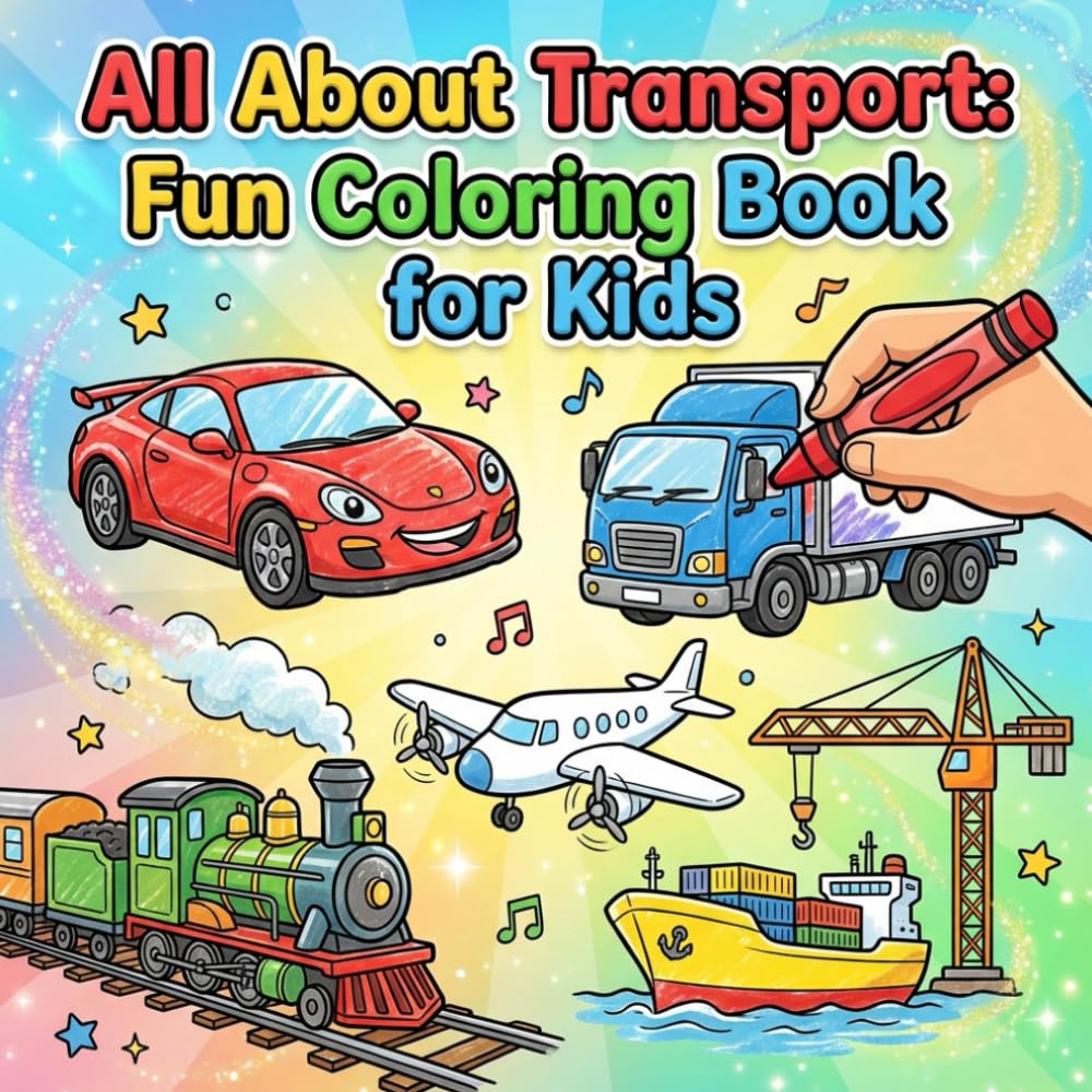 All About Transport Fun Coloring Book for Kids: Learn and Color 50 Cute and Simple Cars, Trucks, Trains, Planes & Boats for Little Hands