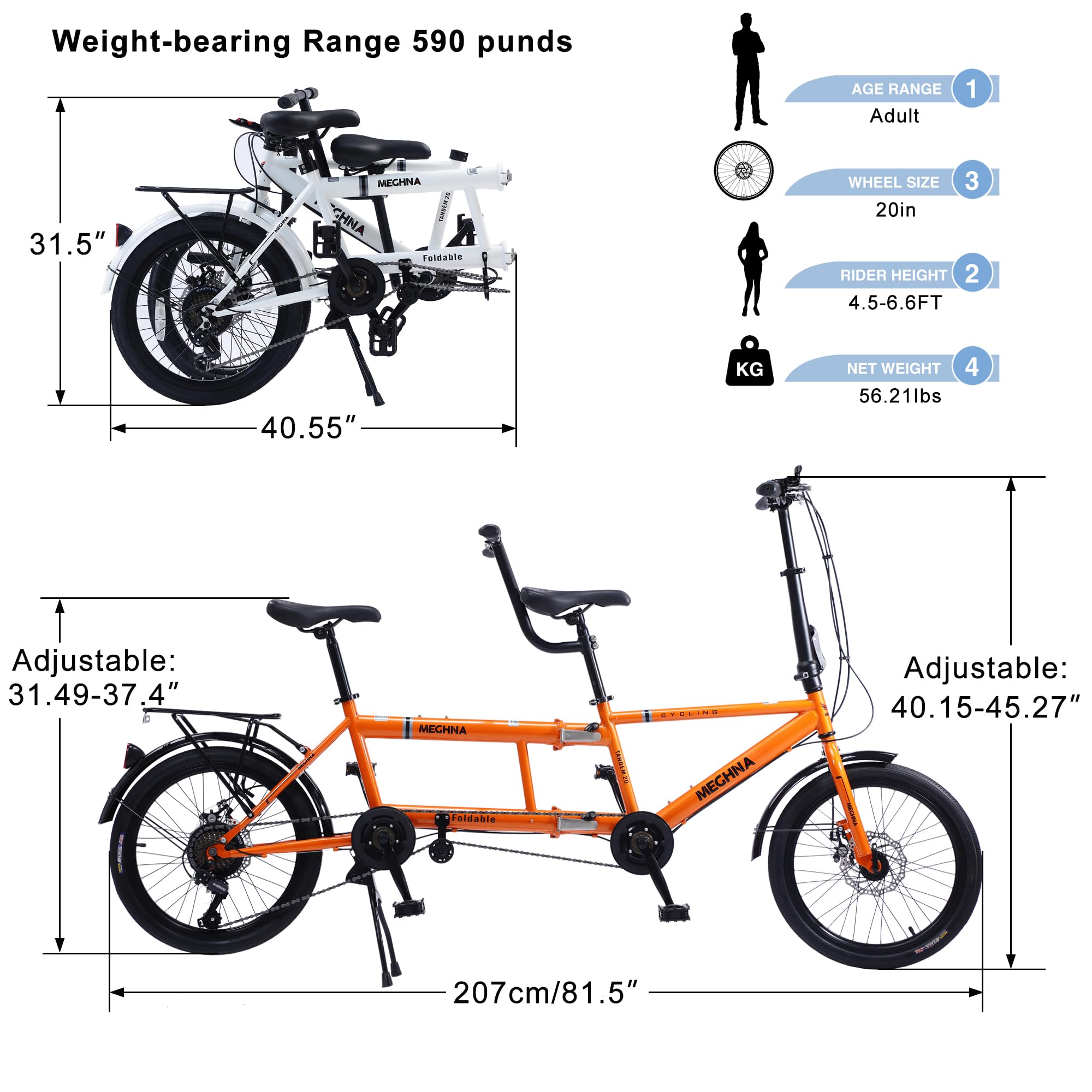 Faltbares Tandemfahrrad, 20" Tandem Fahrrad Stadt-Tandem-Klapprad Verstellbares Erwachsenen-Strand-Cruiser-Fahrrad, 7 Geschwindigkeiten einstellbares Faltrad mit 2 Sitzen für Erwachsene