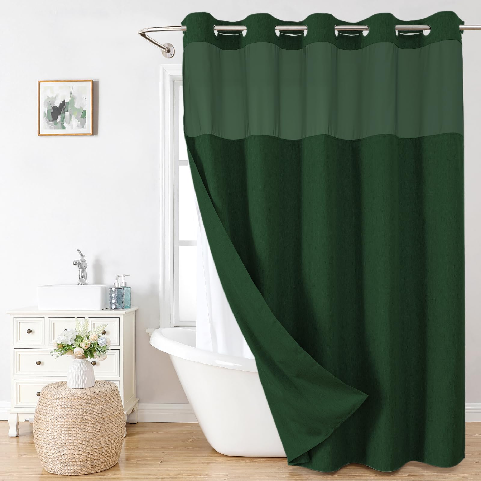 eachope Juego de cortina de ducha con textura de lino sin necesidad de ganchos con forro de tela a presión, cortinas de ducha de lujo para hotel y decoración de baño con ventana superior de malla