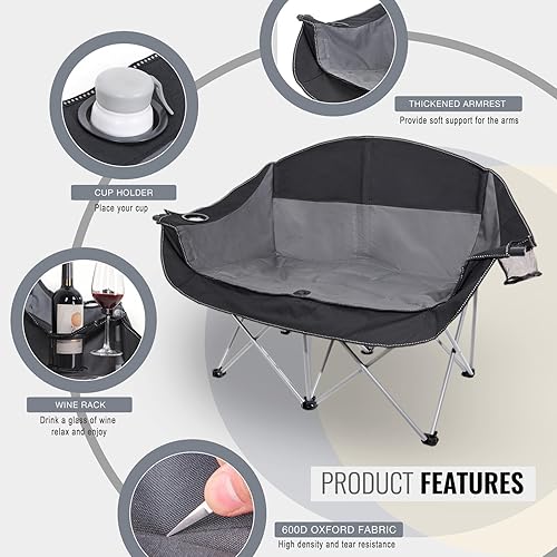 Miniatura 4 de WILDROOTS Silla doble plegable para acampar al aire libre para adultos 2 personas, sofá biplaza resistente de 600 libras con 2 portavasos, bolsa de