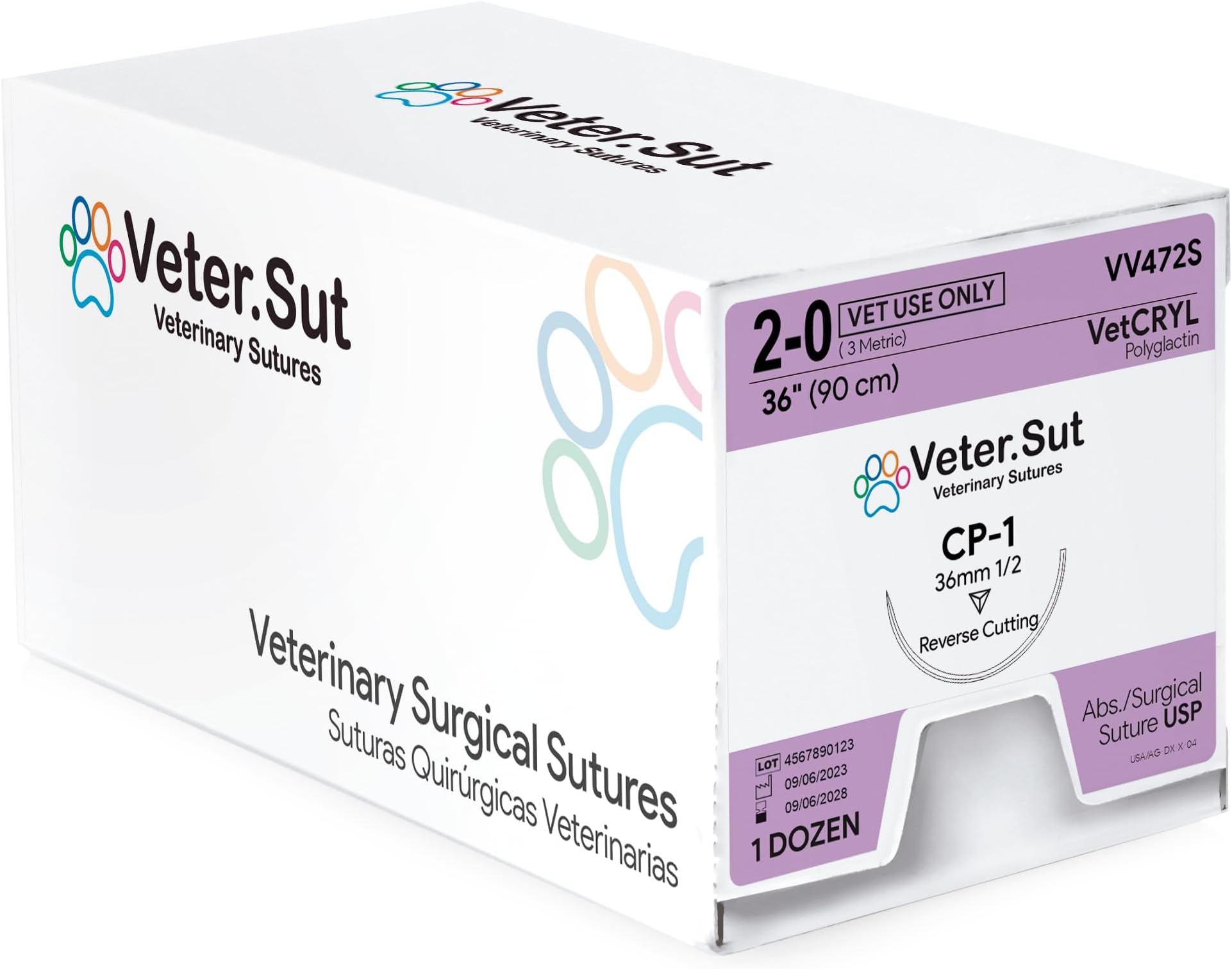VeterSut VetCRYL Absorbable Polyglactin Surgical Suture USP Size 2-0, (CP-1) 1/2 36mm Reverse Cutting Needle, 36 Inches (90 cm), 12 Count, Veterinary Use