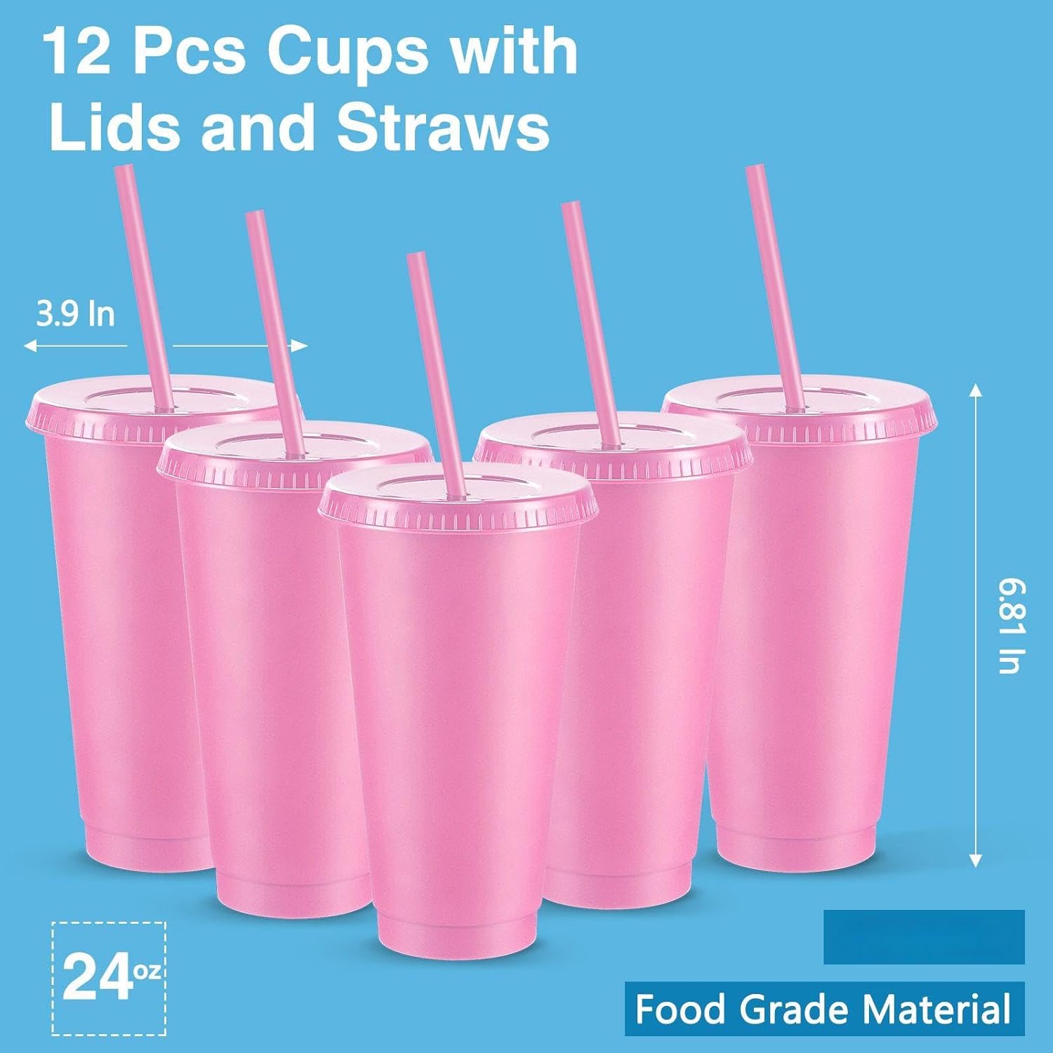 Amyhill 12 Pcs Reusable Cups with Lids and Straws 24 oz Plastic Tumbler Iced Coffee Cup Travel Mug for Smoothie Juices Birthdays Sleepover Party Supplies for Girls (Light Pink) - Image 2