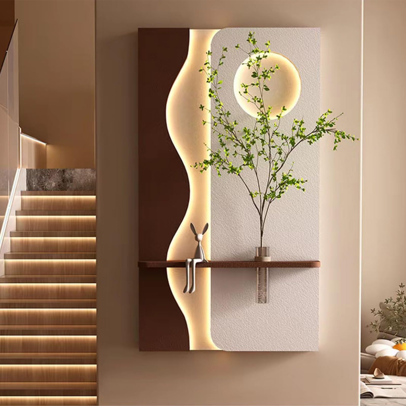 Decorazione murale a LED in Pietra arenaria Verde con Piante finte e Vaso di Vetro, murale 3D con Alimentazione, Decorazione Artistica con Telecomando, per casa, Ristorante, Hote