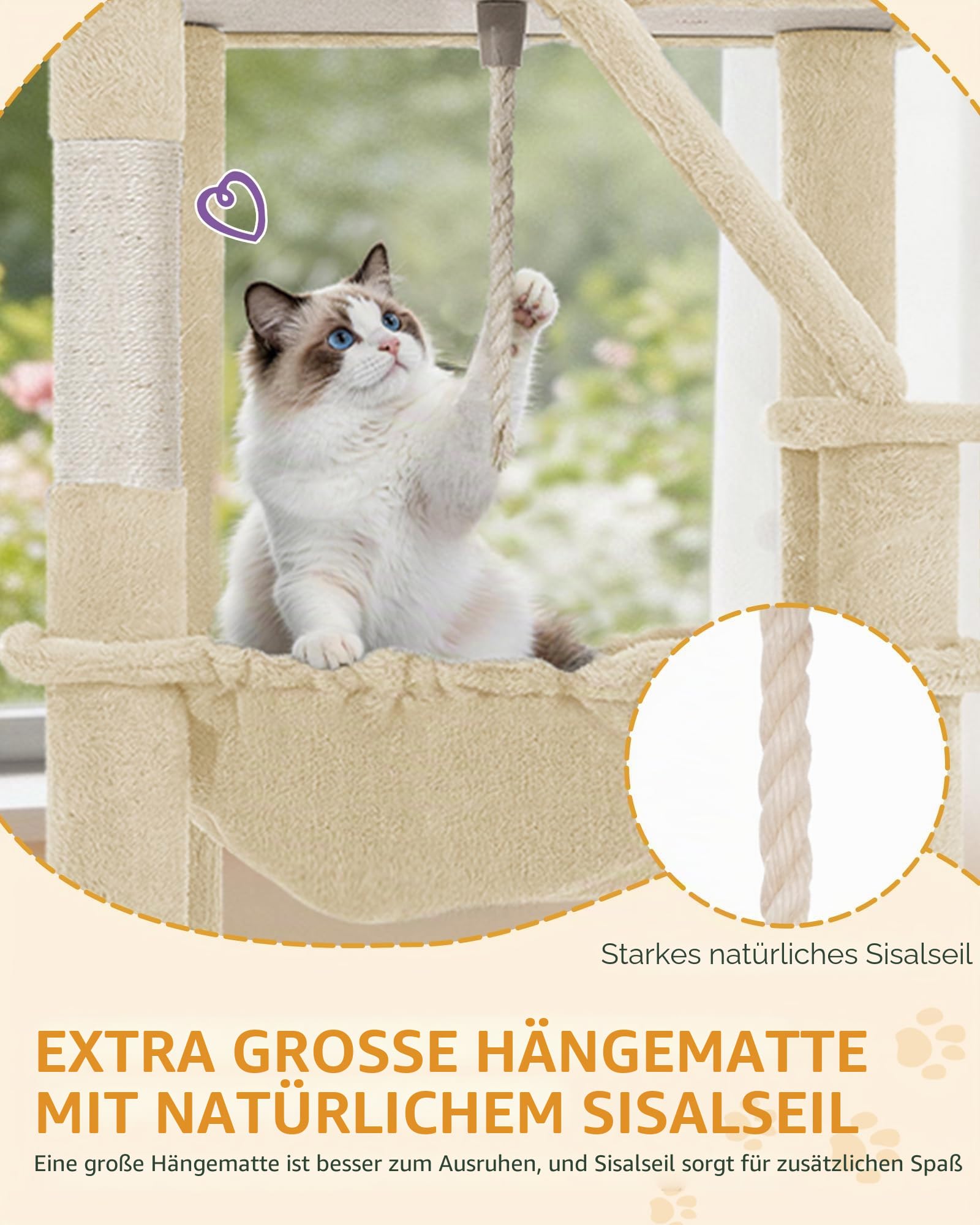 Hzuaneri Kratzbaum Groß, 183 cm Hoch, XL Katzenbaum, 2 Plattformen, 2 Höhlen, 6 Kratzstämme, Kratzbrett, Katzenkorb, Hängematte, Geeignet für Alle Katzenrassen, Maine Coon, Beige MS18318YL