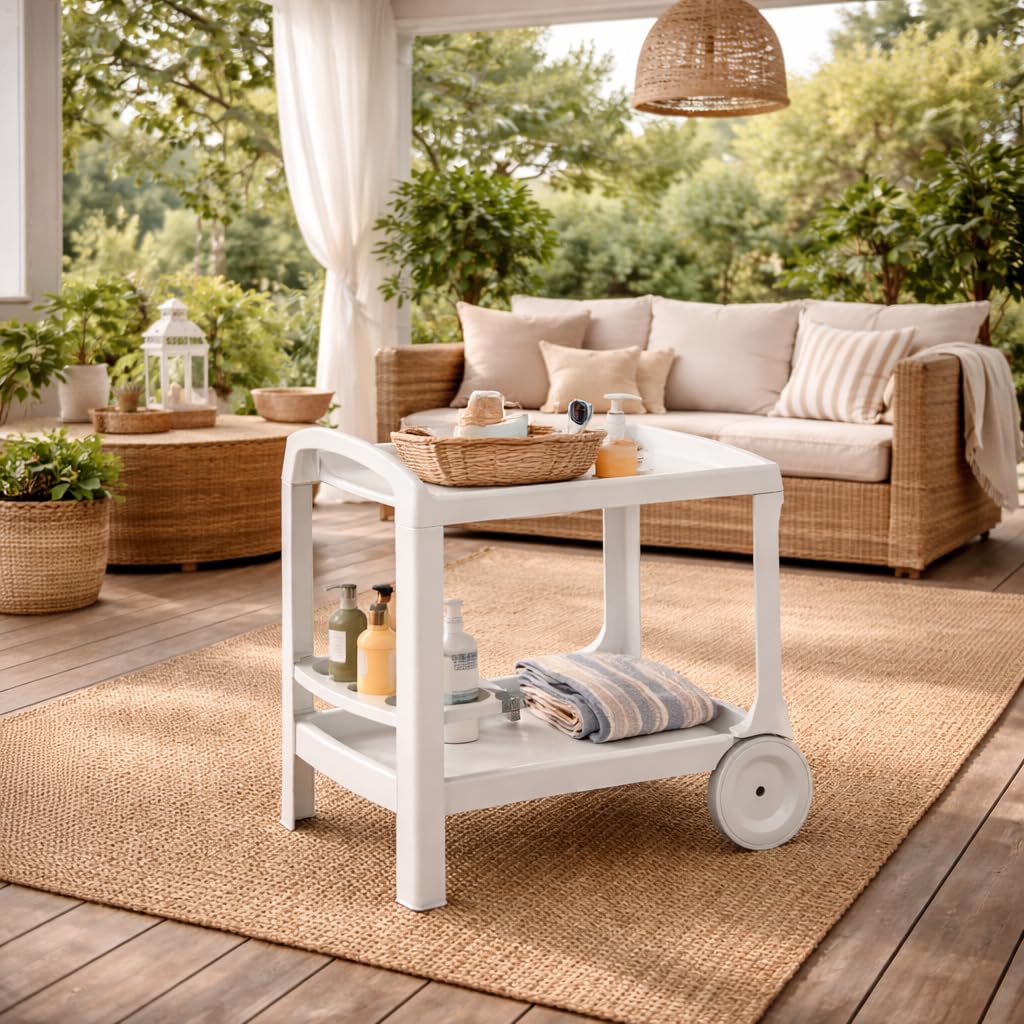 Carrello Multiuso in Plastica Bianco con Ripiani Portavivande Portabottiglie per Cucina Casa Esterno