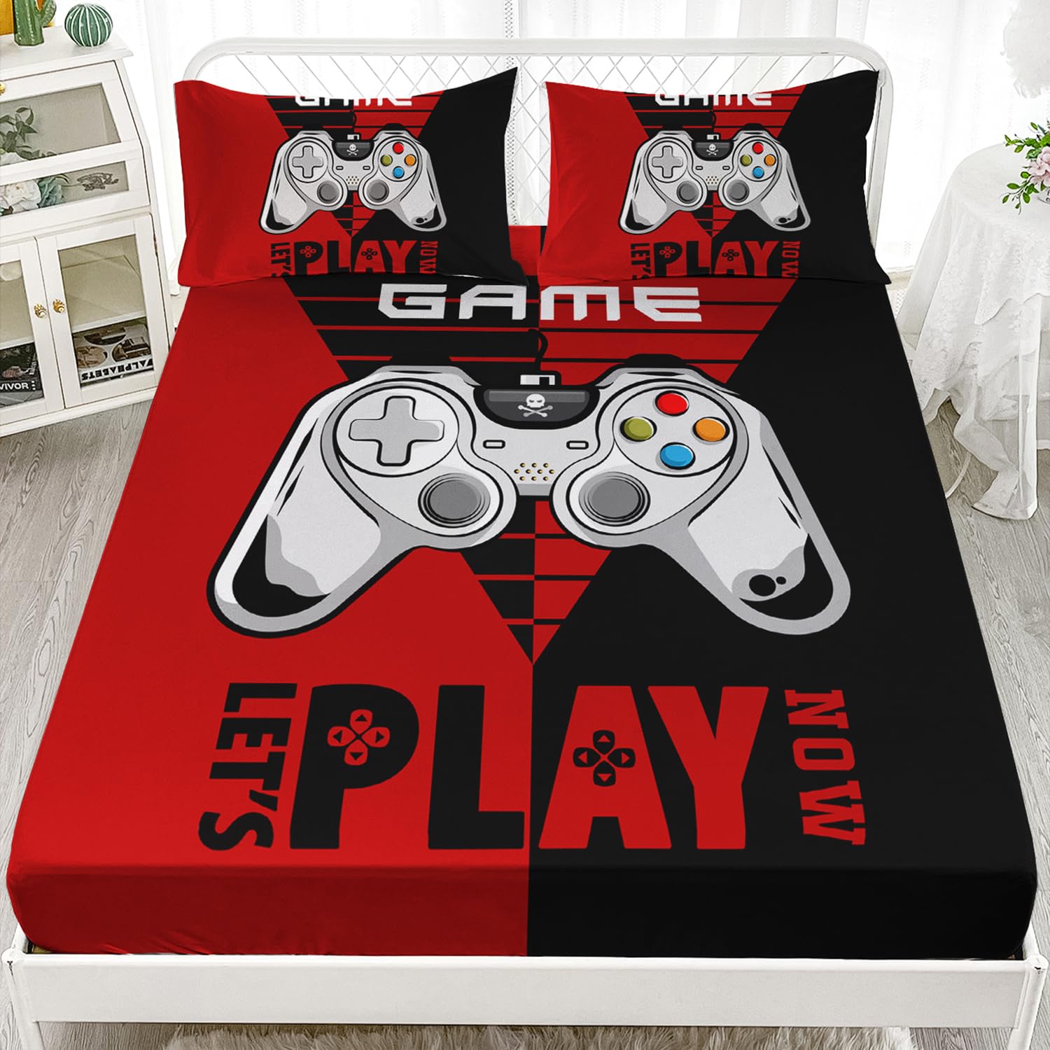 AILONEN Gamer Fitted Sheet Set Twin XL Size, Gaming Bed Sheet Set,Video Game Sheets Set,Red and Black Game Controller Bed Sheet Sets 3 Pieces, 1 Fitted Sheet and 2 Pillowcases