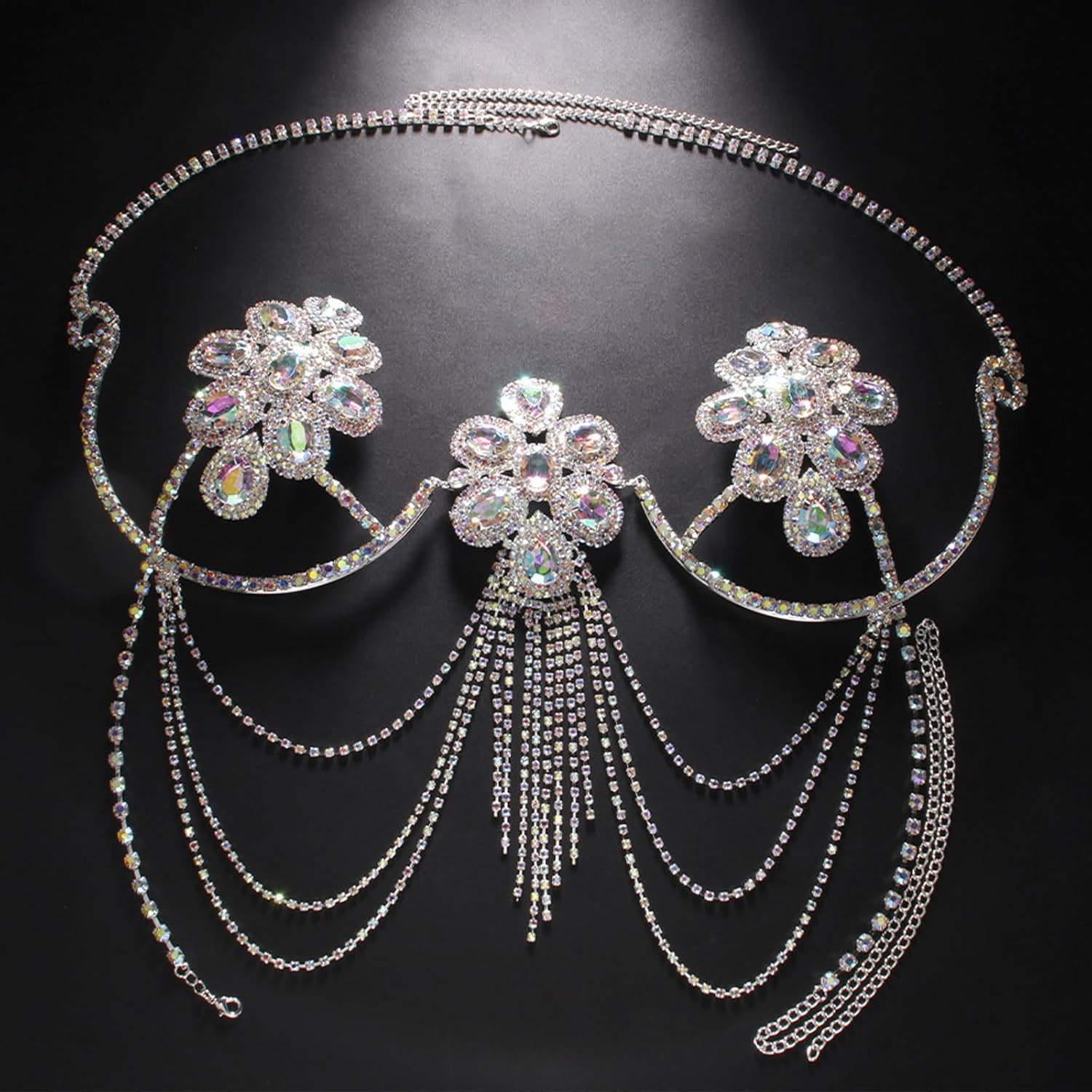 Rhinestone Chest Chain Bra Body Jewelry For Women Ab Crystal Flower Prom Accessories Sparkly Tassel Bra Body Chain Adjustable Halter For Rave Nightclub - Image 7