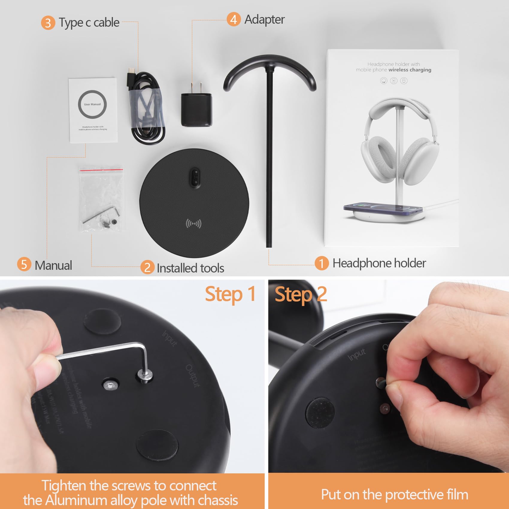 Supporto per cuffie con caricabatterie wireless, supporto per cuffie da gioco, 2 in 1, stazione di ricarica wireless per iPhone 15/14/13/12/11, Samsung, AirPods Pro/3/2 e tutte le cuffie, nero