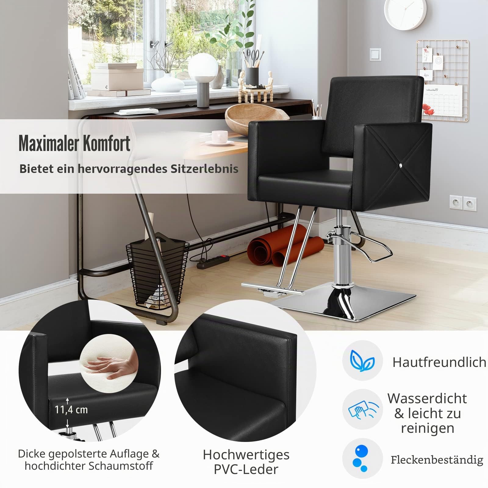 FANTASK 360° drehbar & höhenverstellbarer Friseurstuhl, Barbersessel mit hydraulischer Pumpe, Barberstuhl mit Fußstütze für Friseursalon & Barbershop, Schwarz