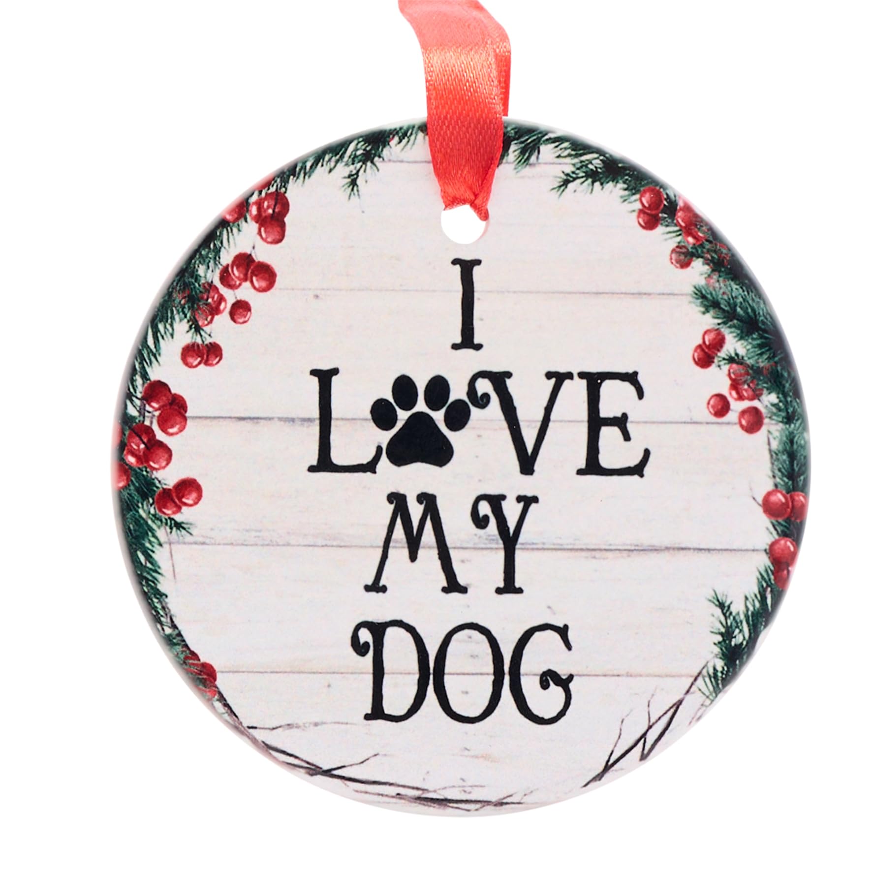 Ceramic Pet hanging Christmas tree decoration or memorial, cute animal image with space to write own name (supplied blank), attached ribbon hanger, 9cm diameter ('I Love My Dog')
