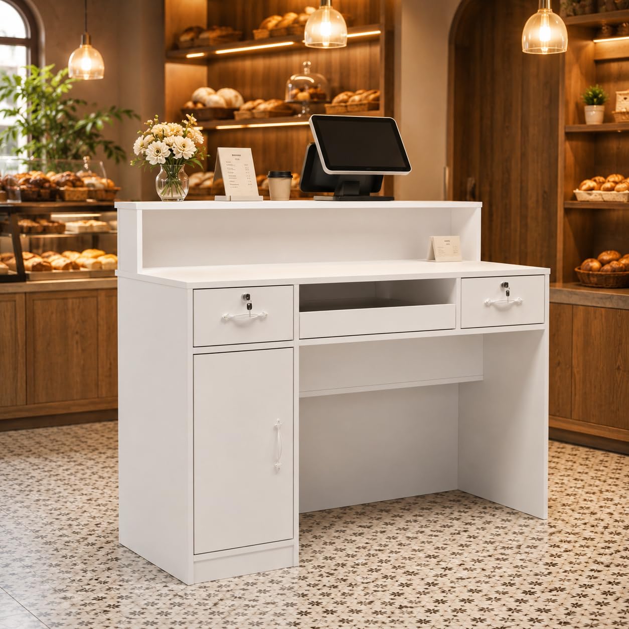 Banco di reception, banco di reception, banco di vendita, sala reception, sala di accoglienza, bancone da ufficio, con grande superficie di lavoro, bianco, legno, 100 cm x 120 cm x 50 cm