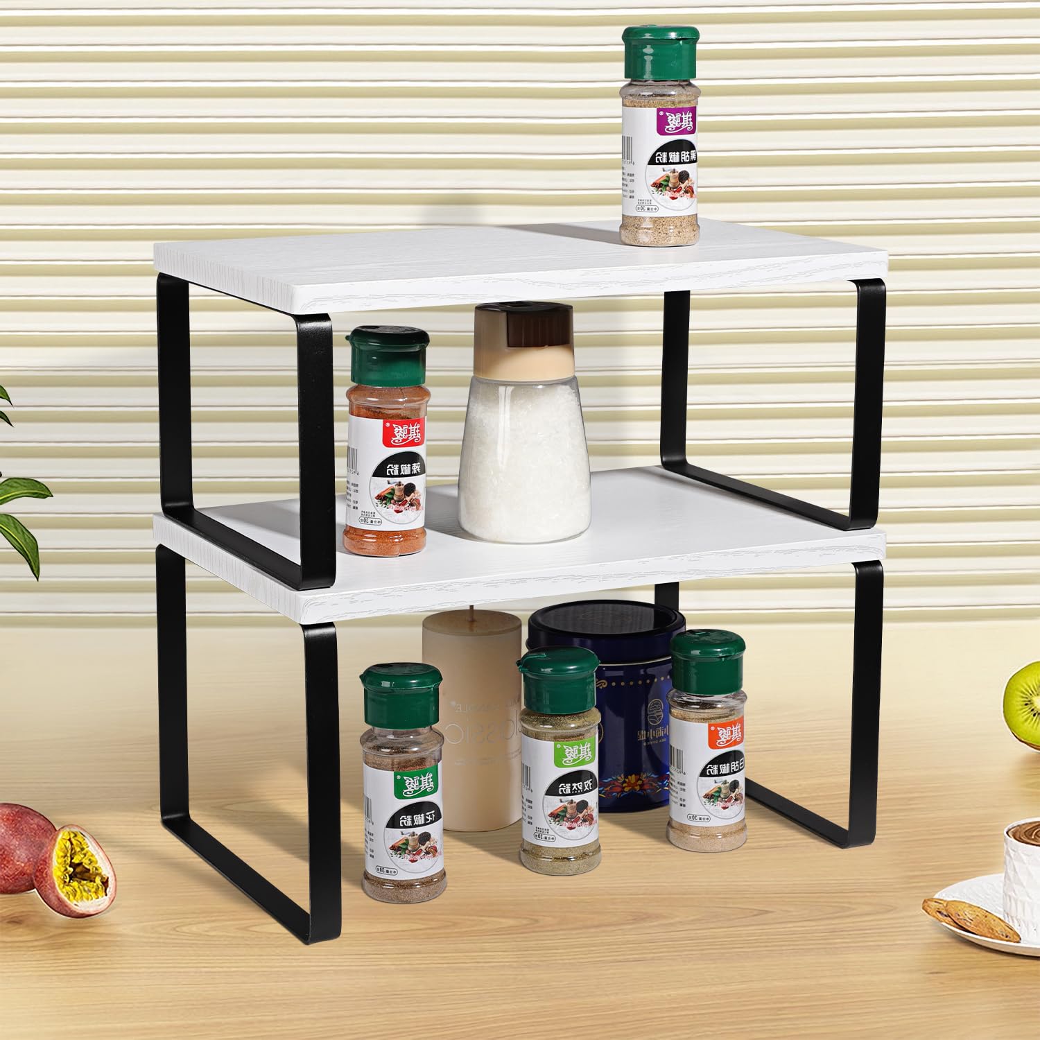 Lot de 2 étagères extensibles empilables pour comptoir de cuisine, étagère à épices en métal et bois, encre noire et blanc neige