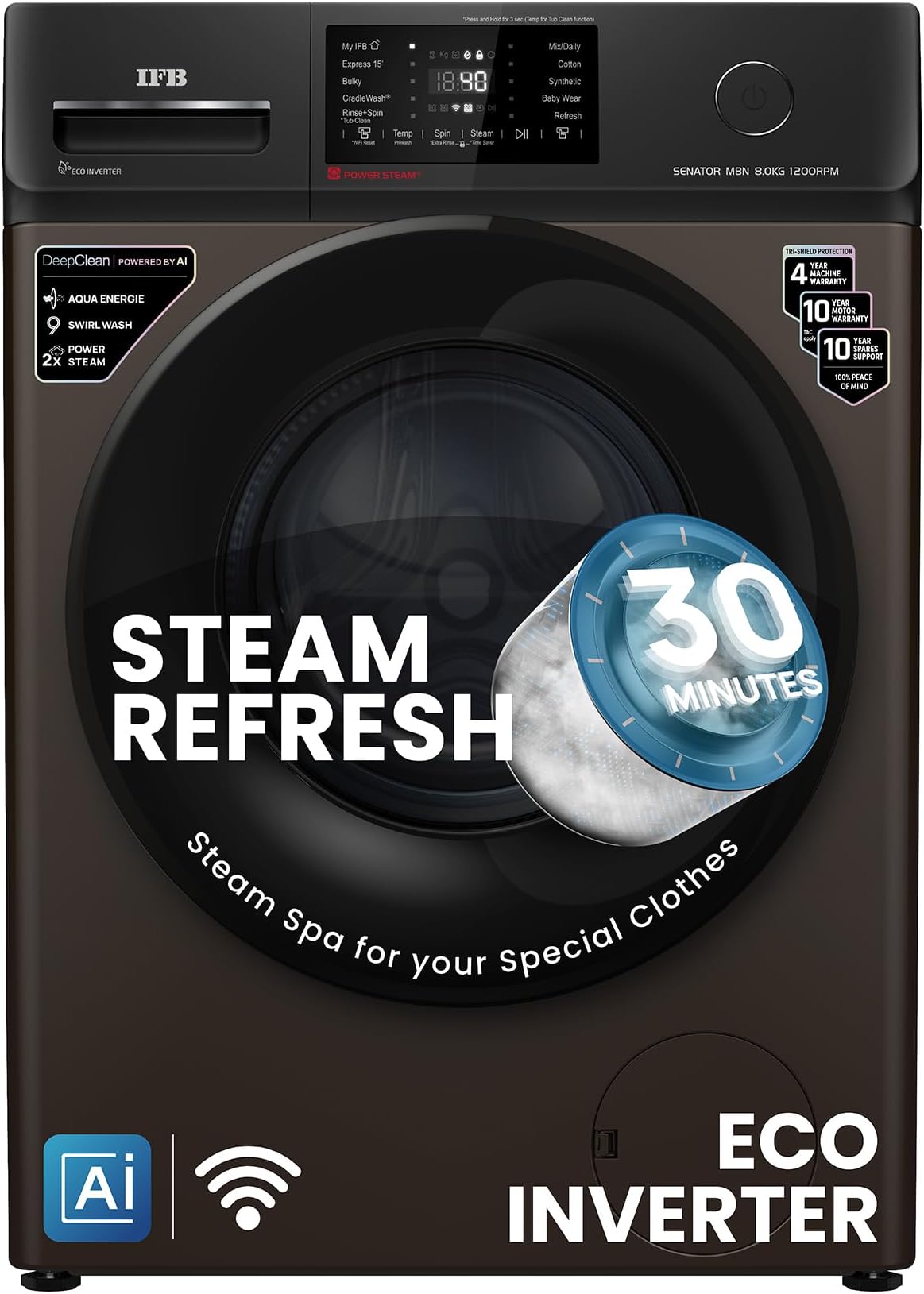 - IFB 8 Kg 5 Star, DeepClean® Technology, AI Powered, WiFi, Fully Automatic Front Load Washing Machine (SENATOR MBN 8012 CMS, PowerSteam®, 9 Swirl, Steam Refresh, Inbuilt Heater, Eco Inverter, Mocha)