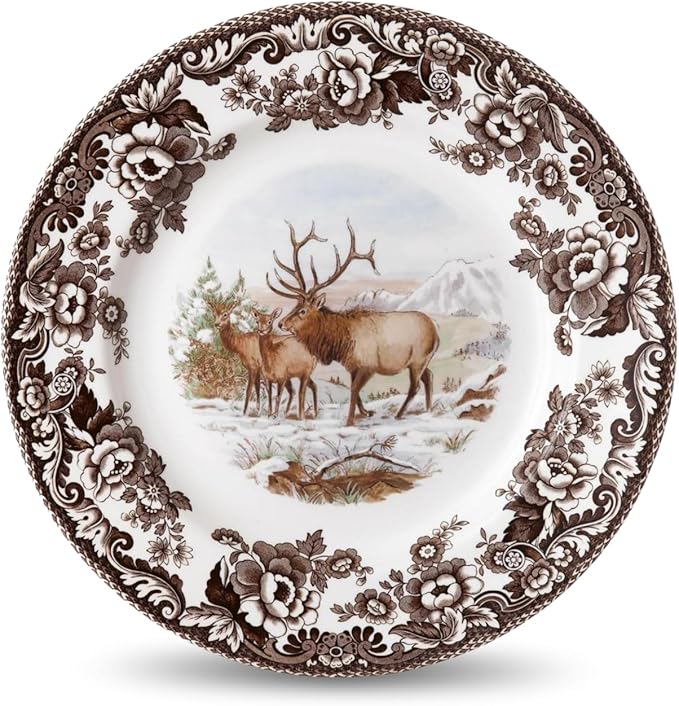 Spode Woodland Dinner Plate, Elk, 10.5” | American Wildlife Collection | Made in England | Ideal Hunting Cabin Décor | Microwave and Dishwasher Safe