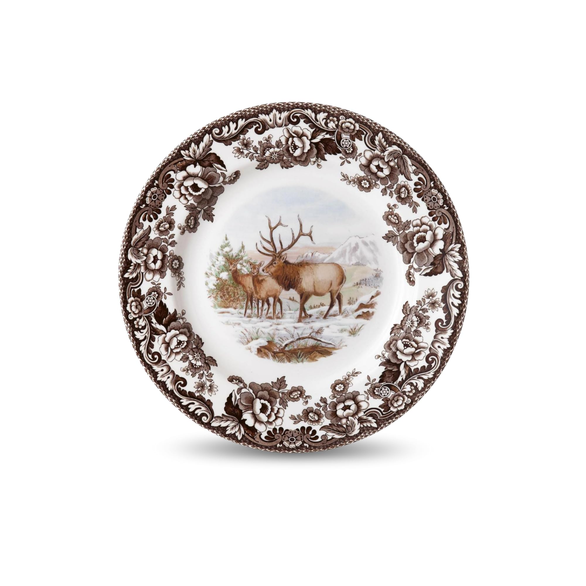 Woodland Elk Salad Plate - American Wildlife Design, British Flowers Border for Rustic Dining, 8 Inch Fine Earthenware - Oven, Microwave, Freezer & Dishwasher Safe, Made in England