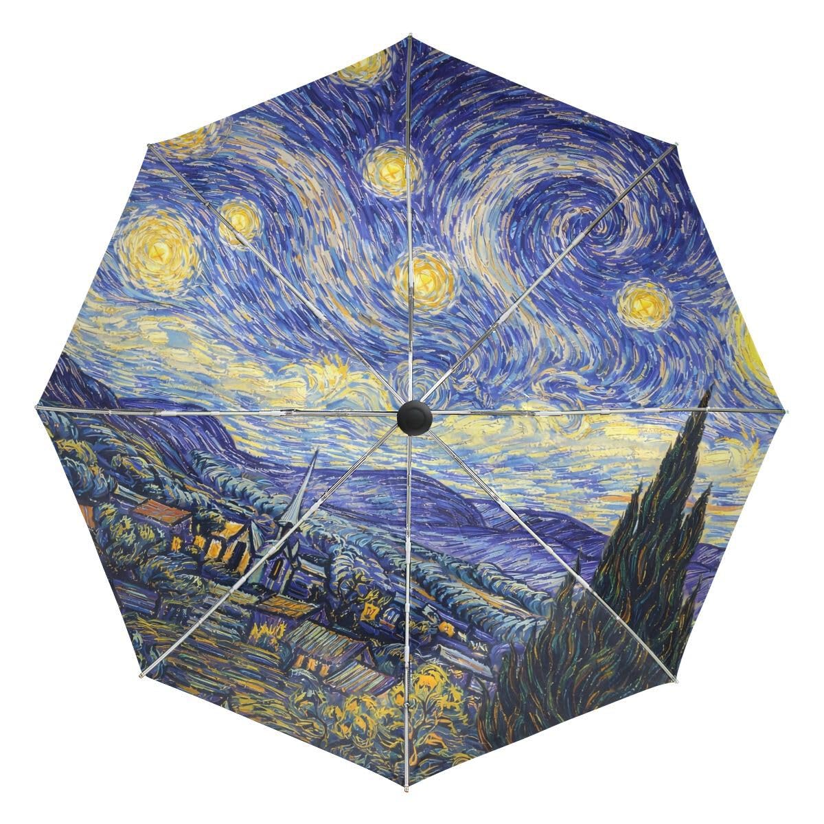 Schwarzer Regenschirm-Gemälde, Kunstwerk, Van Gogh's Sternennacht, UV-Sonnenschirm, elegant, umgekehrt, 3-fach faltbar, stabiler Regenschirm für Geschäft und Privatpersonen