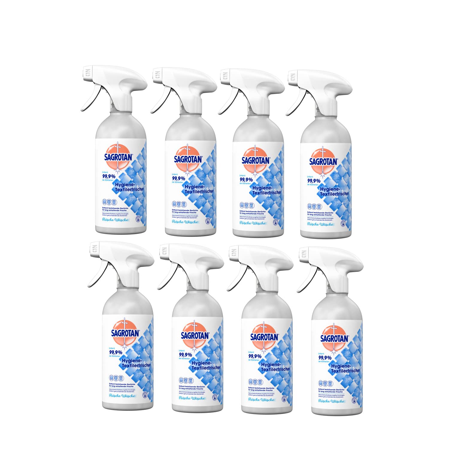 Sagrotan Hygiene-Textilerfrischer Frische Wäsche – Entfernt festsitzende Gerüche & geruchsbildende Bakterien – Für Kleidung & Wohntextilien – 8 x 500 ml