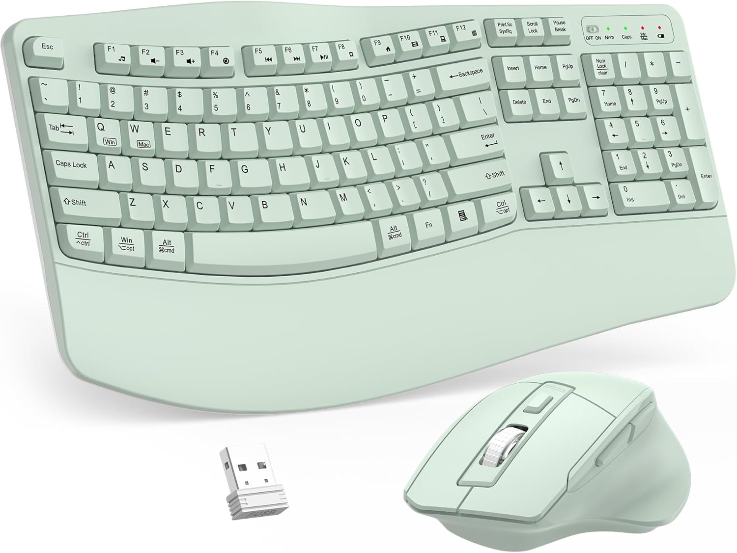 Wireless Keyboard and Mouse Combo, 2.4G Full Size Wave Keys Ergonomic Keyboard with Wrist Rest and 3-Level DPI Adjustable Wireless Ergonomic Mouse for Windows, Mac OS Desktop/Laptop/PC(Avocado Green)