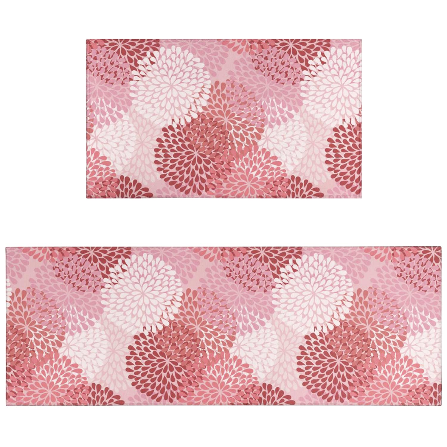 Ideasonna Pink Floral Kitchen Rug Mat Decor Sets of 2 Non-Slip Washable Pink Kitchen Mats for Floor 2 Piece