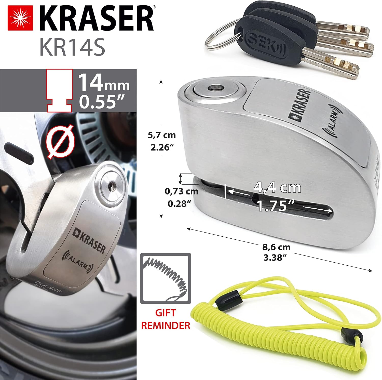 KRASER KR14S Alarm Disc Lock Homologated SRA, Alarm ON/Off 120dB Optional, Double Locking ø14mm, High Security Anti-Picking Lock, Stainless Steel, Anti Theft Wheel Brake Lock for Scooter Motorcycle