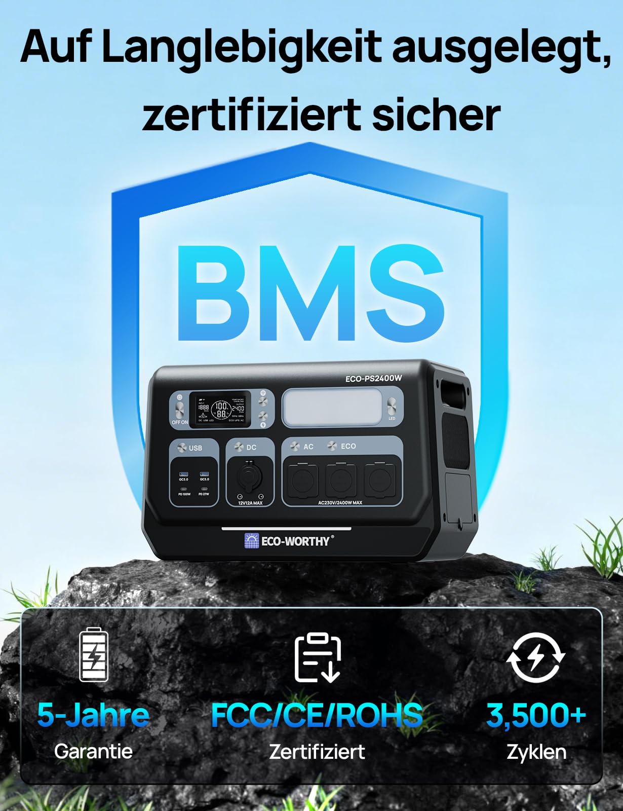 ECO-WORTHY PS2400W Powerstation Tragbare mit 200W Solarpanel Faltbar, 2048Wh Solar Generator mit 10 Anschlüssen (4800W Peak) WLAN- und Bluetooth-Funktion für Wohnmobile, Camping, Notfall und Zuhause